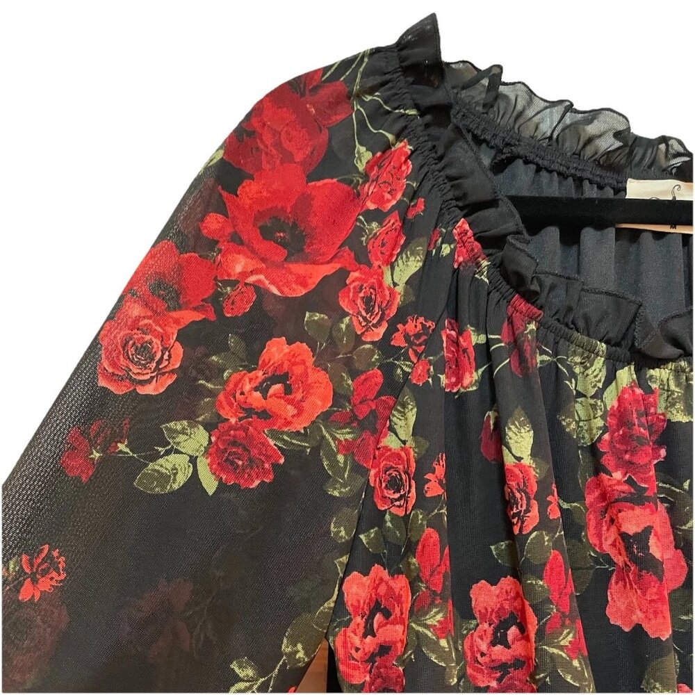 EMBER Black Rose/Floral Balloon Sheer 3/4 Length Sleeve Shirt Sz M - Picture 6 of 8